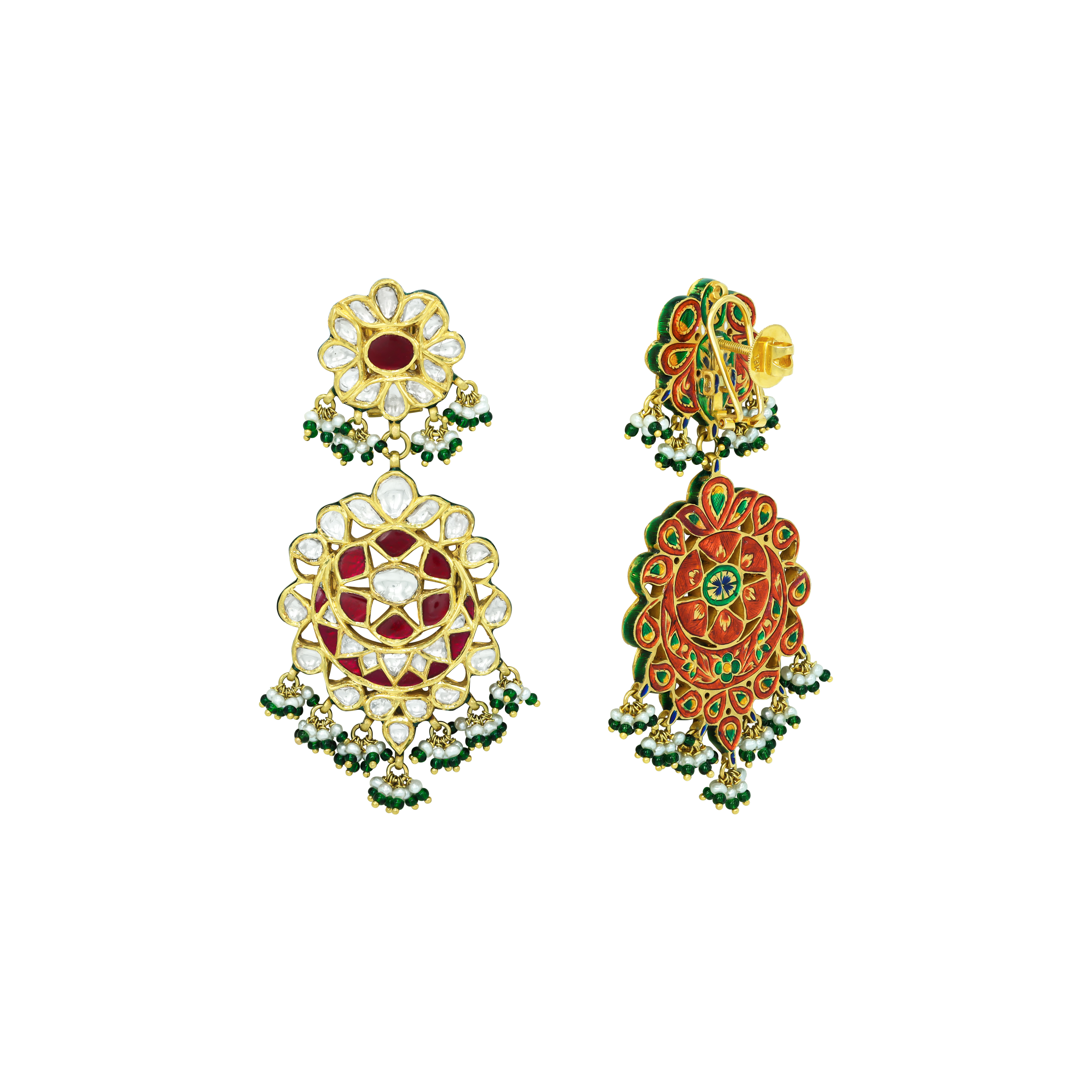 Crescent Polki Necklace Set with Red Talaf, Emeralds, and Pearls